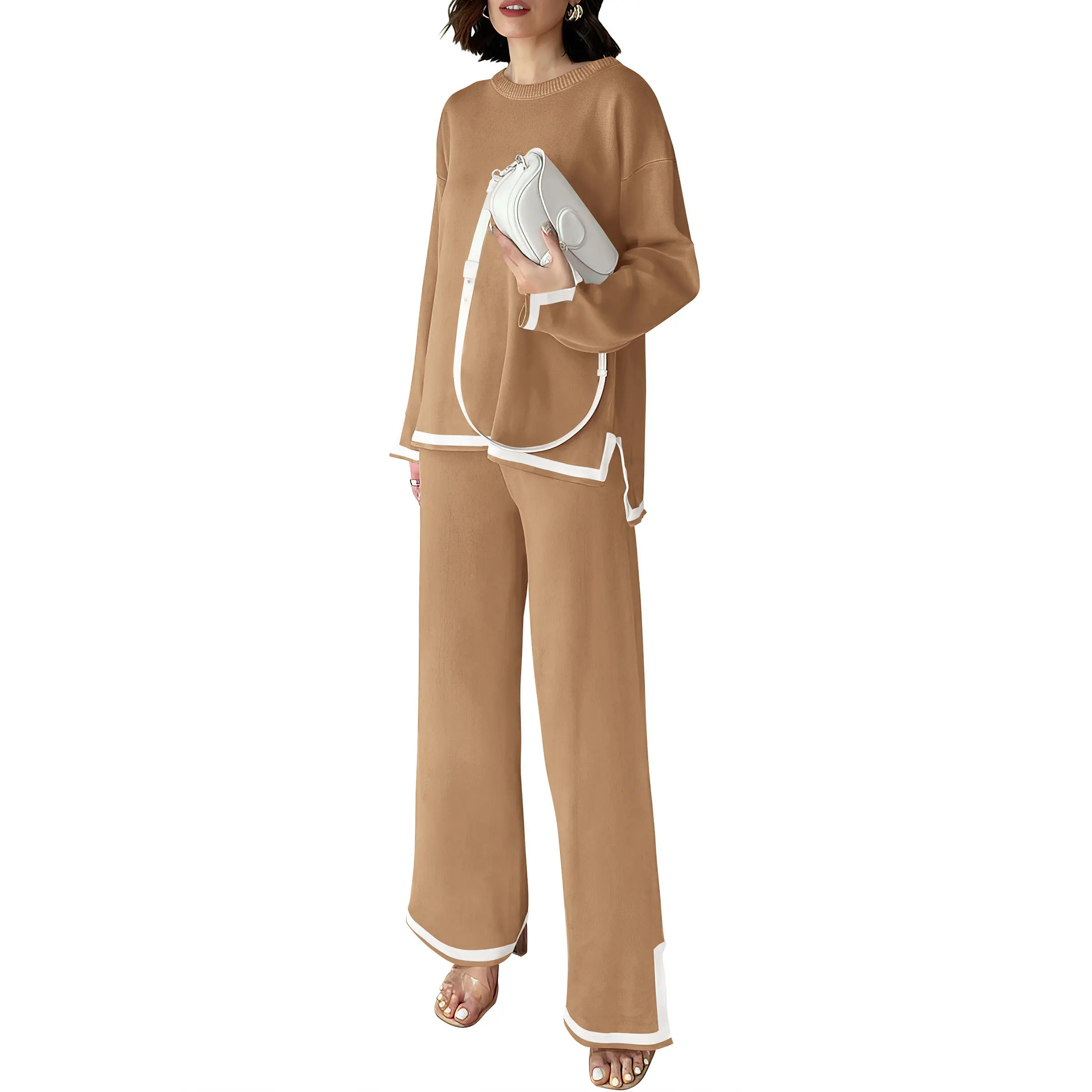 PrettyGarden Women's 2 Piece Knit Sweater Set Casual Long Sleeve Pullover Wide Leg Pants Sweatsuit Tracksuit Outfit