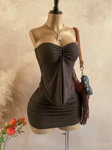 Summer Dress Women's Vacation Set, Casual Solid Color Backless Tie Mini Dress, Perfect for Holiday, Comfortable and Stylish