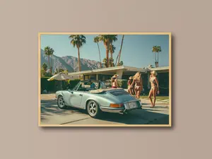 Porsche 911 and Retro Glam Pool Party Print – Slim Aarons Inspired Car Wall Art | Retro Car & Poolside Print