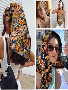 A versatile Printed Polyester scarf for hair, boho floral paisley scarf for hair styling, Artistic Design, rich navy background with colorful blooms, trendy headwrap for spring garden party, artistic accessory