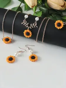 5 Piece Creative Sunflower Jewelry Set, Cute Flower Necklace Earrings Ring Bracelet, Lockbone Chain for Women, Fashion Accessories