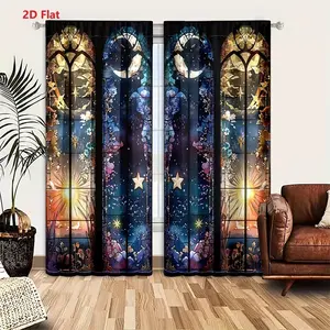 2 pieces of high-definition digital 2D flat retro glass sun and moon printed curtains. Made of polyester, semi-transparent, machine washable, suitable for bedrooms, living rooms and home decoration as curtains.