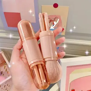 4-In-1 Travel Makeup Brush Set, Extendable Kabuki Brushes & 3 Eye Brushes, Soft Portable Mini Brushes for Contouring, Cosmetic Brush Set