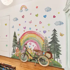 One Set (30*90cm*3pcs) Watercolor Rainbow Forest Animal Wall Stickers, Fairy Tale Adventure Themed Self-Adhesive Wall Decor Decals for Kids' Room