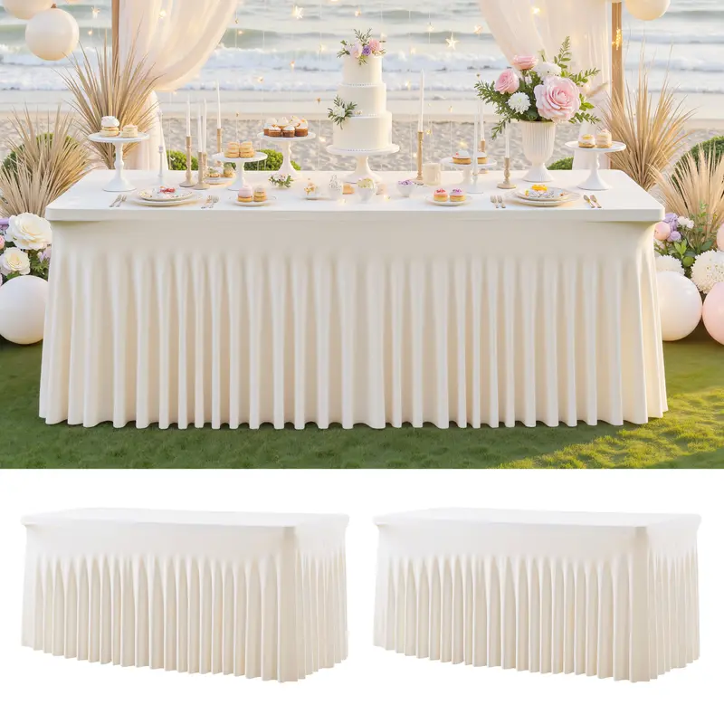 2-Pack Plain Elastane Tablecloths, Stretchy Ruffled Classic Rectangle Spandex Covers with 1-Piece-Fit Elastic Top Molded Snugly, 4ft/6ft/8ft Sizes, Washable, Stain-Resistant, Wrinkle-Resistant, Easy Install, Party Decor for Weddings, Elegant Home Supplies