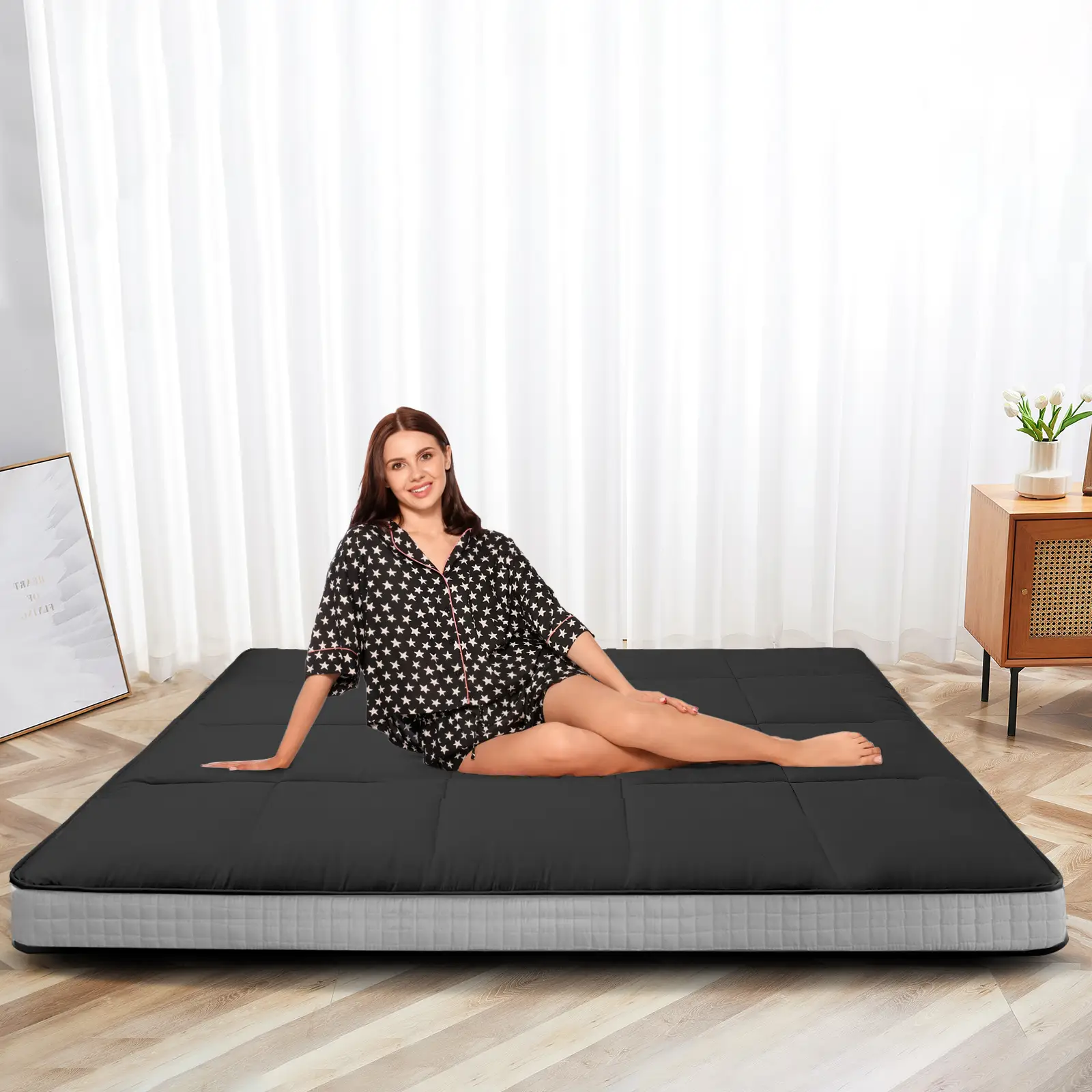 Lilypelle Japanese Floor Mattress Futon Mattress, Thicken Roll up Sleeping Mattress Tatami Mat Floor Bed, Foldable & Portable Camping Mattress with St