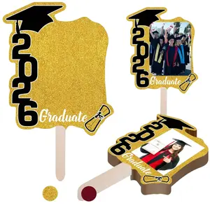 12Pcs 2026 Graduation Handheld Photo Frame Fan Pack - Gold Graduation Decorations 2026, Photo Booth Decoration Prop Set, Indoor Recreation Accessories