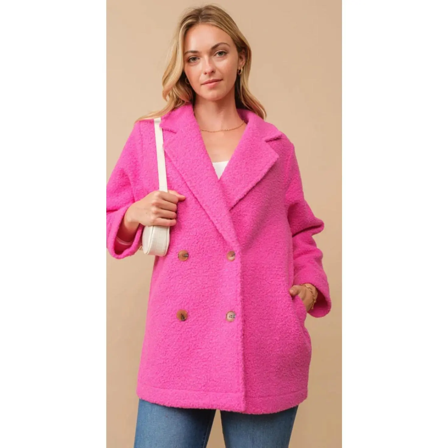 Hot Pink Teddy Fleece Pea Coat