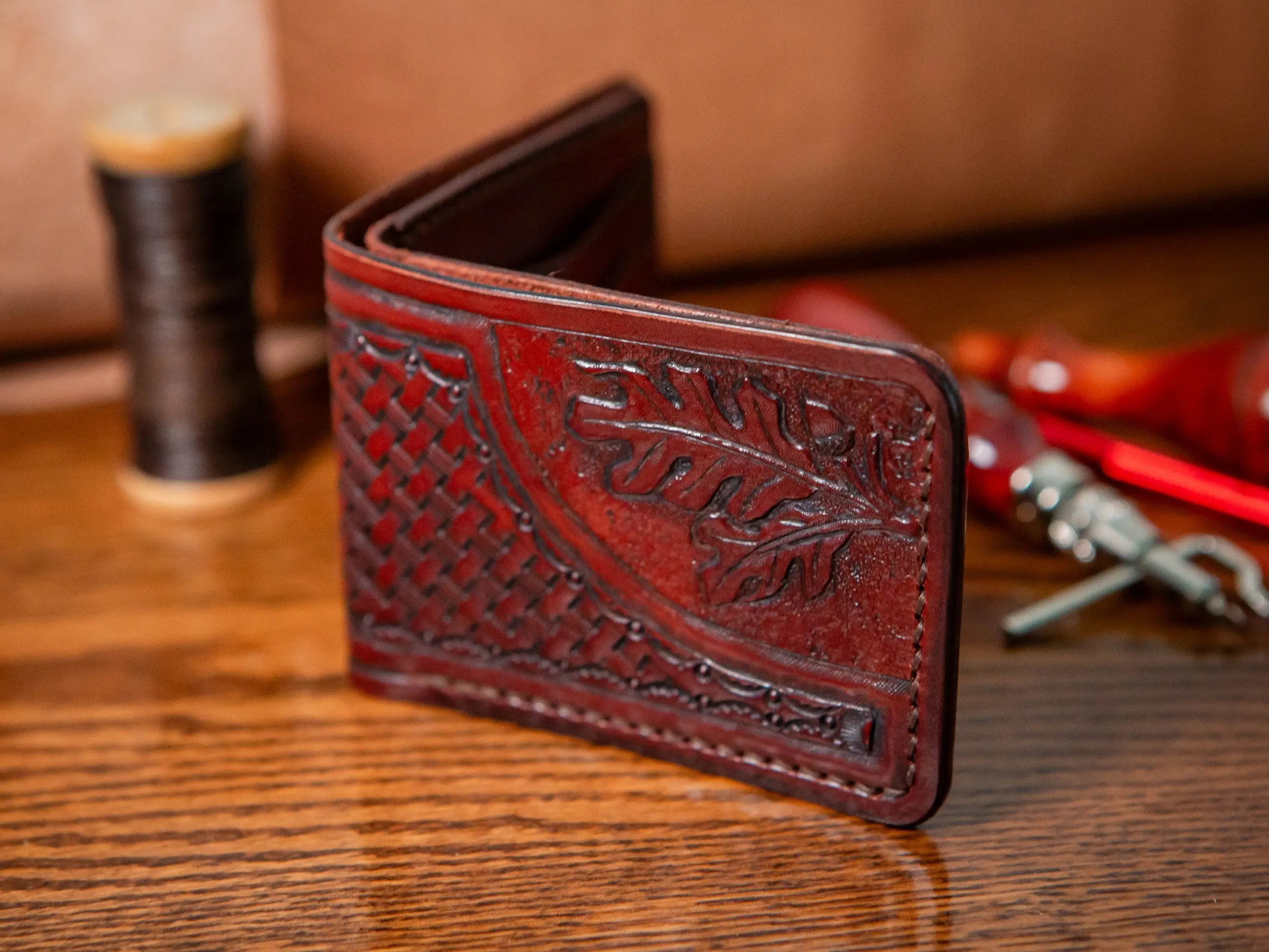 Basket Weave Mahogany/Black Hand Tooled Veg Tan Leather Bi fold Wallet with Oak Leaves