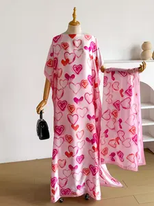 Elegant Heart Print Robe Set, Hooded Shawl Dress + Long Headscarf Hairband, Women's Beach Sun Protection Satin Scarf, Heart Pattern, Swimwear Coverups