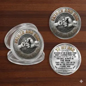 Personalized Father Son Pocket Hug Coin Custom Silver Fist Bump Token & Keychain Pouch