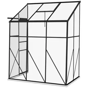 Outsunny 8' x 4' Lean-to Polycarbonate Greenhouse, Walk-in Hobby Green House with Sliding Door, 5-Level Roof Vent, Rain Gutter, Garden Plant Hot House with Aluminum Frame and Foundation, Black