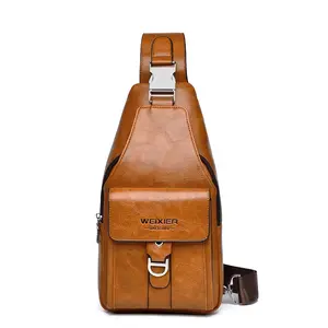 Men’s Anti-Theft Sling Bag with USB Charging Port Leather Crossbody Chest Bag Lightweight Travel Everyday Carry Bag