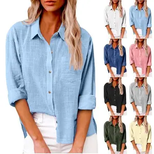 2025 New Women's Pocket Split Long Sleeve Women's Clothing Cotton Linen Shirt Ins Style Top Womenswear Blouse Gamis