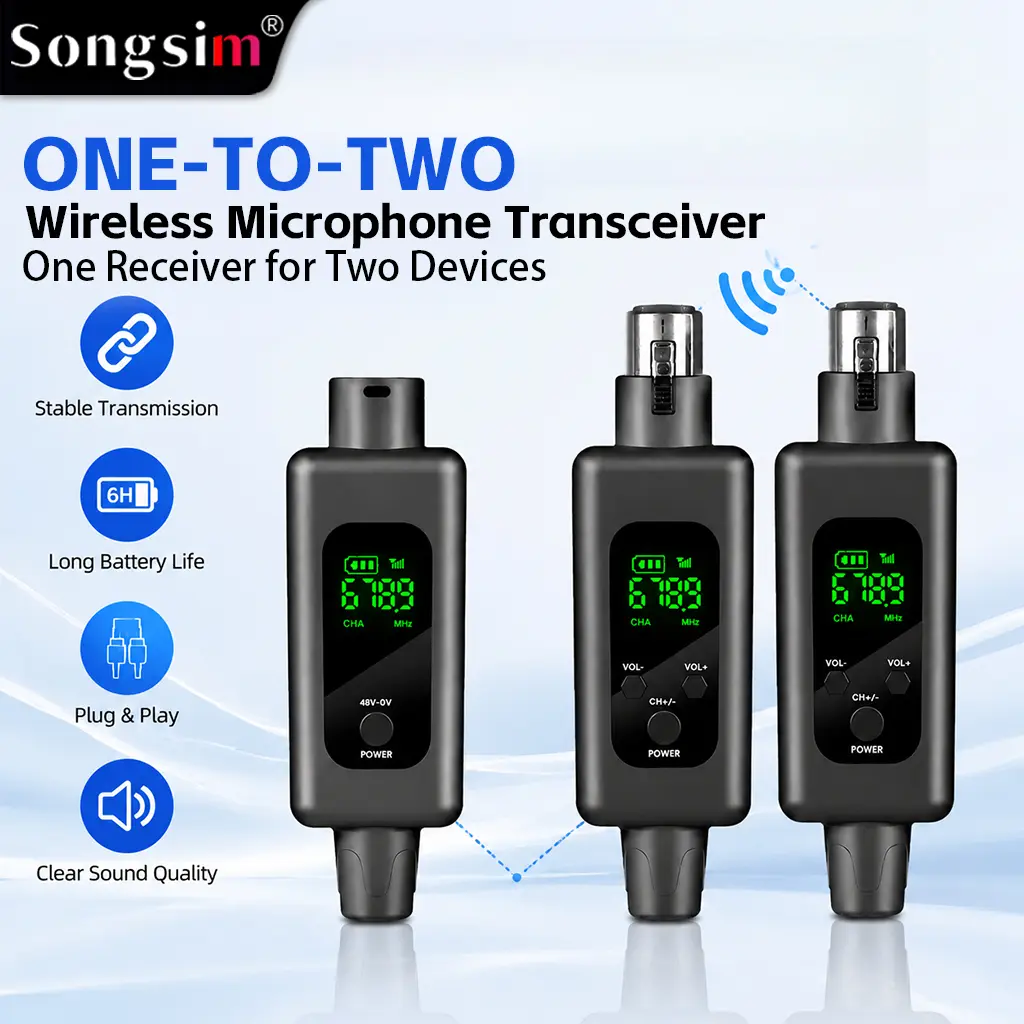 Songsim WX70 XLR Wireless Microphone Transceiver 1-to-2 System - 48V Phantom Power, 50m Low Latency Anti-Interf, Digital LED Display, Plug&Play Adapter for Condenser/Dynamic Mics, Live Streamers, Stage Recording Guitar