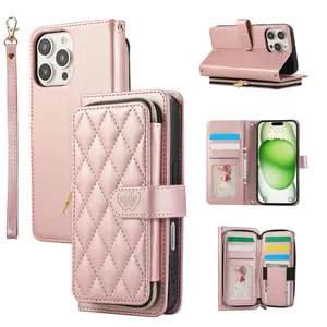 Quilted Pattern Protective Phone Case Cover with Card Slot & Wrist Strap, Zipper Phone Wallet Case with Stand Function, Phone Accessories Compatible with iPhone, Protector