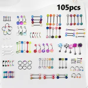 105-Piece Assorted Body Piercing Jewelry Set: Crafted from skin-friendly stainless steel and premium acrylic. Mix and match vibrant colors effortlessly for tongue, nose, and other piercings. Features a random variety of trendy patterns.