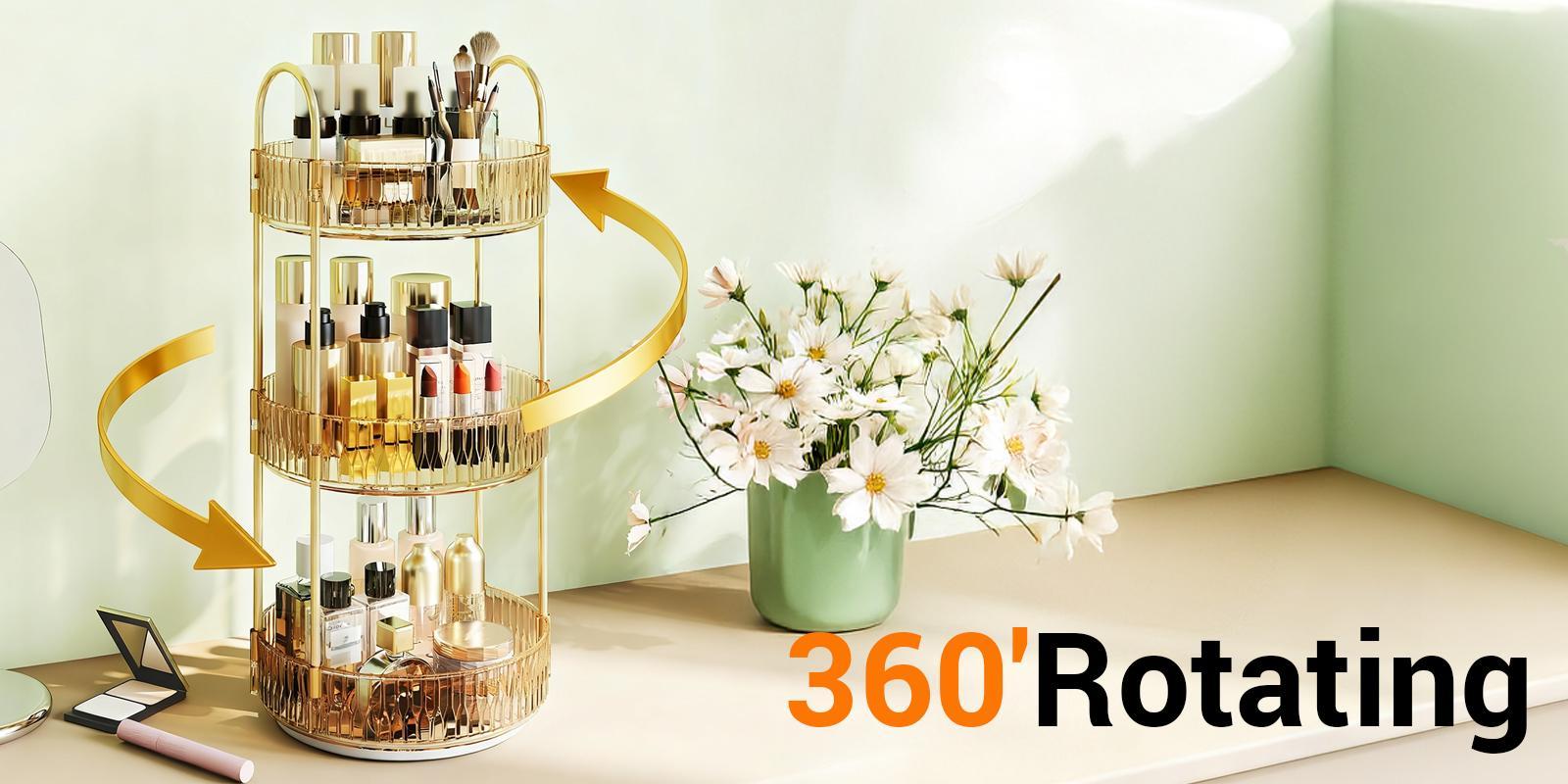 RaybeeFurniture 360° Rotating Gold Makeup Organizer, 2-3 Tier Large Capacity Beauty Storage, Skincare & Perfume Display, Vanity Countertop Cosmetic Holder,Perfect Gift for Women, Christmas Birthday Holiday Present, Bathroom Spinning Organizer