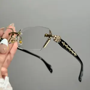 Frameless Glasses with Blue Light Blocking HD Clear Lenses Sparkling Cut Edges Fashion Metal Temples for Women Men Computer Gaming Readers Daily Street Style Eyewear