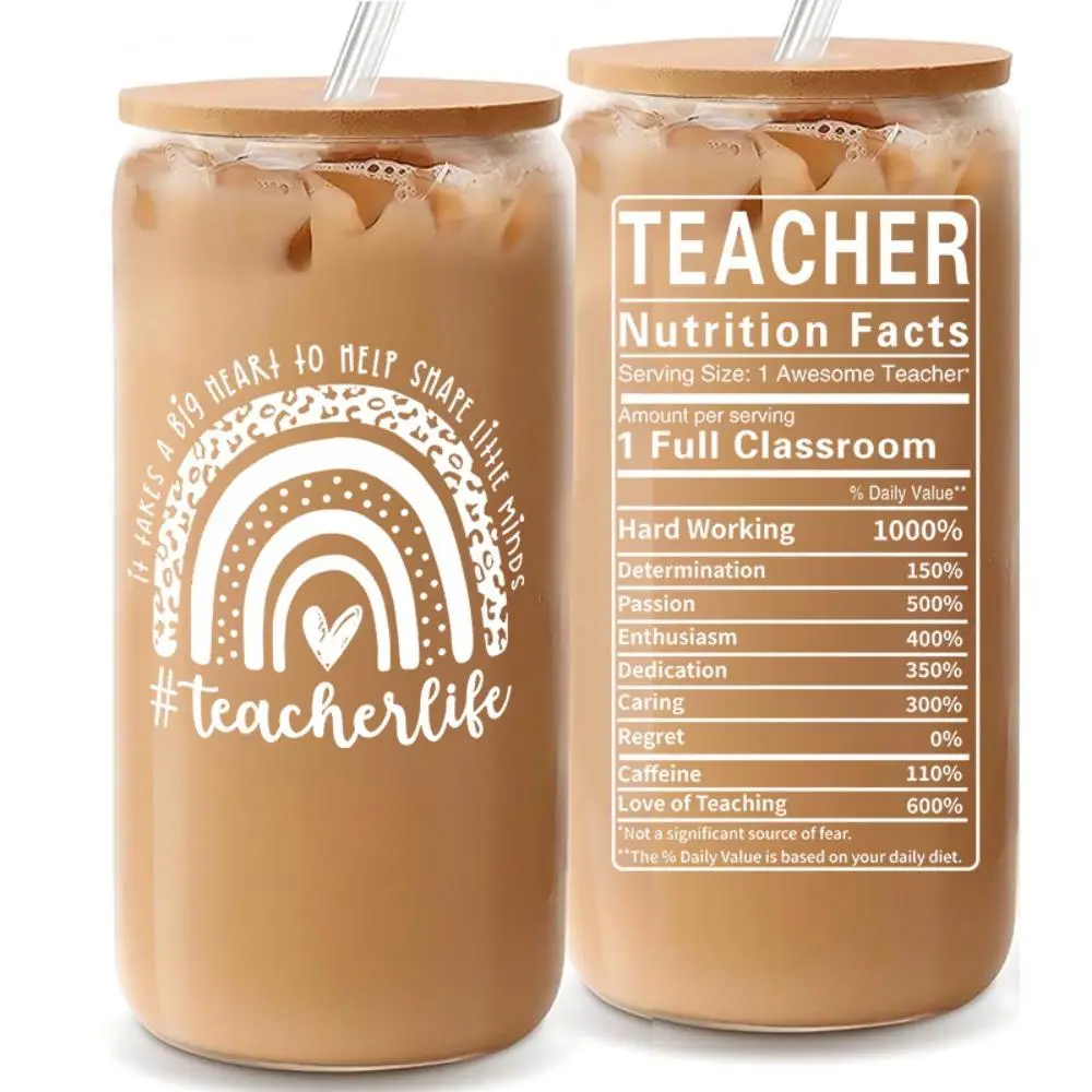 Clear Glass Coffee Cup with Lid, 1 Count Portable Summer Drinking Cup with Straw, Party Gifts for Teacher, Beverage Bottles, Summer Essentials, Drinkw