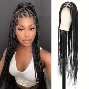 Black Hand Braided 40" Box Braided Wigs with Baby Hair Knotless Cornrow Braids, Lace Front, Full Double Lace Front Braid Wig for Women