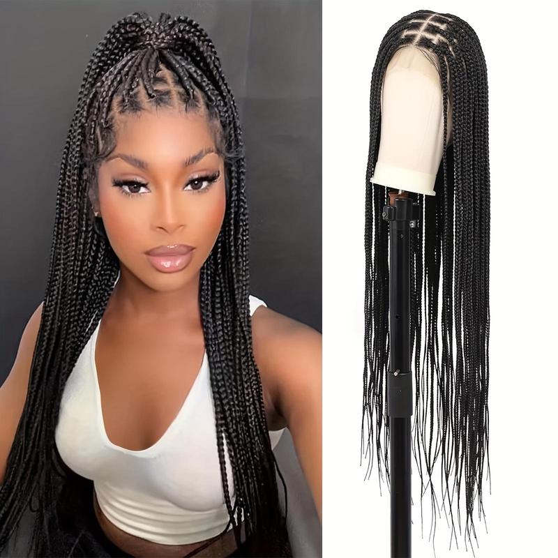 Black Hand Braided 40" Box Braided Wigs with Baby Hair Knotless Cornrow Braids, Lace Front, Full Double Lace Front Braid Wig for Women