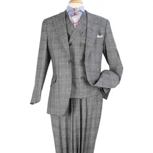 Gray Windowpane 3-Piece 100% Wool Suit Classic Fit