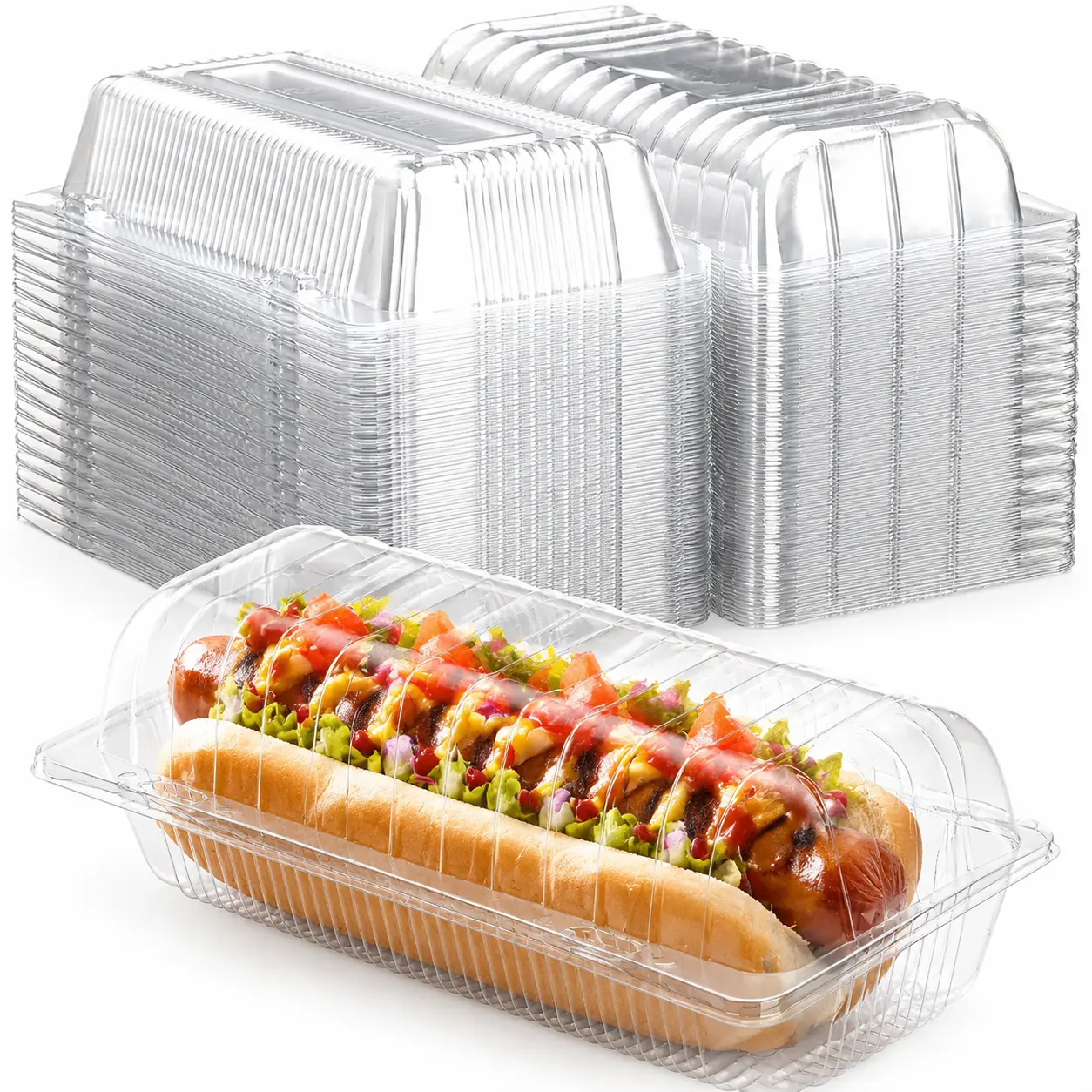 100pcs Clear Plastic Hot Dog Tray with Hinged Lid 8.86 x 3.94 x 2.76 Inch Hot Dog Container Disposable Clamshell Take out Containers Cake Slice Containers for Bakery Dessert Salad
