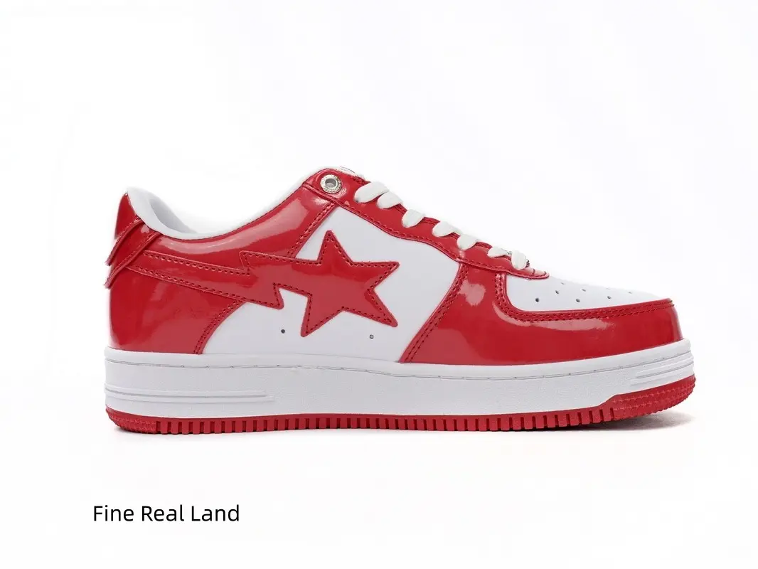 Bold glossy two-tone red and white skate sneakers with solid red star patch, vibrant streetwear statement piece #PlatformSkateShoes #TwoToneSneakers #StreetCasualFootwear