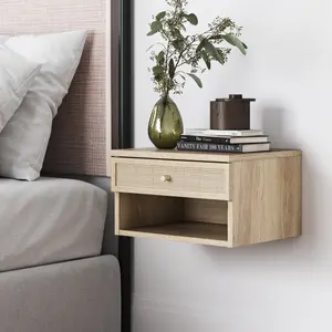 Rattan & Wood Floating Nightstand Light Oak Rattan & Wood Floating Nightstand Light Oak