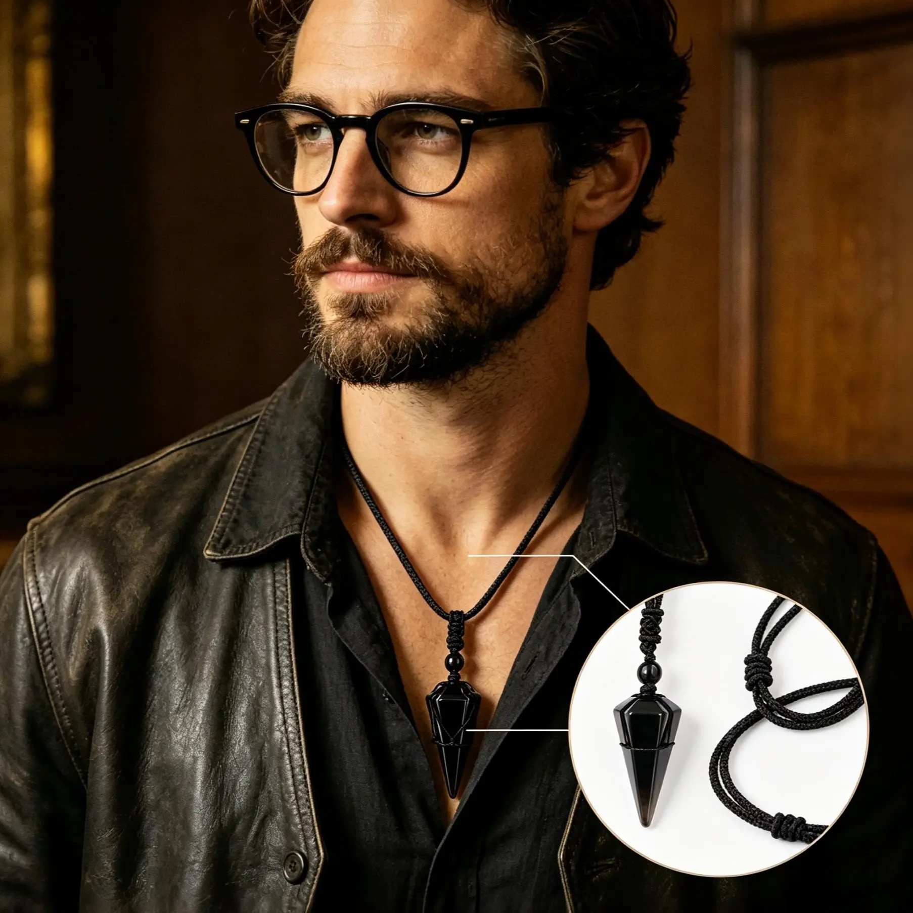 Black Obsidian Pendant Necklace for Men, Handcrafted 24-Inch Gothic Crystal Necklaces with Adjustable Cord, Comfortable Daily Streetwear Jewelry, Fabric, 24 Inches, Lightweight, Long, Natural Crystal, Rope, Unique Symbolism