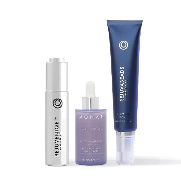 Treatment Trio - MONAT Rejuveniqe Oil + IR Clinical Hair Thinning Defense Serum & Rejuvabeads - Magic Instant Split End Mender Nourishing Pomegranate