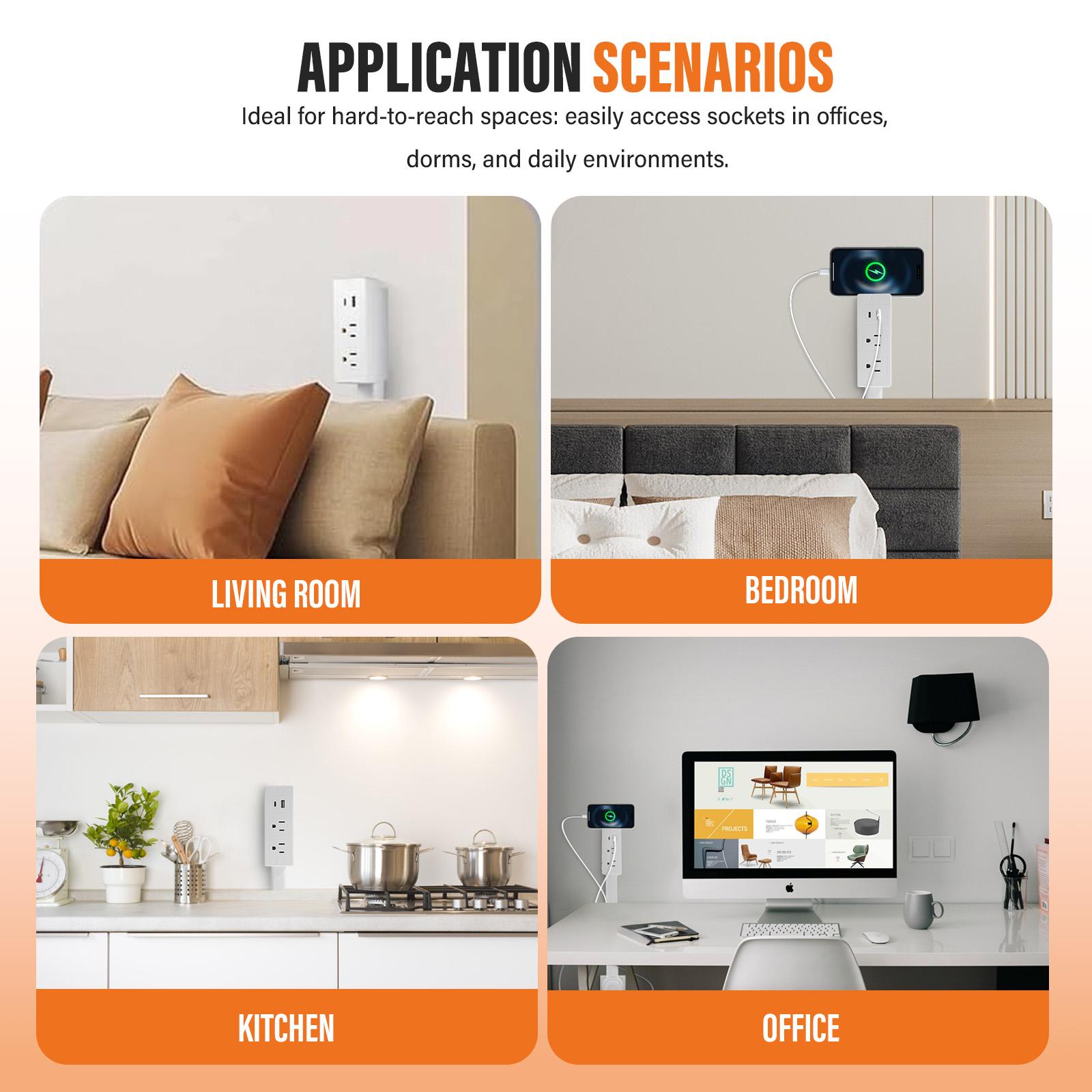 Electrical Outlet Extender Stick - Power Socket Expander, 180° Rotatable Outlet for Hard to Reach Areas, with USB-A, USB-C & 2 AC Outlets, Perfect for Behind Couches, Nightstands & Desks