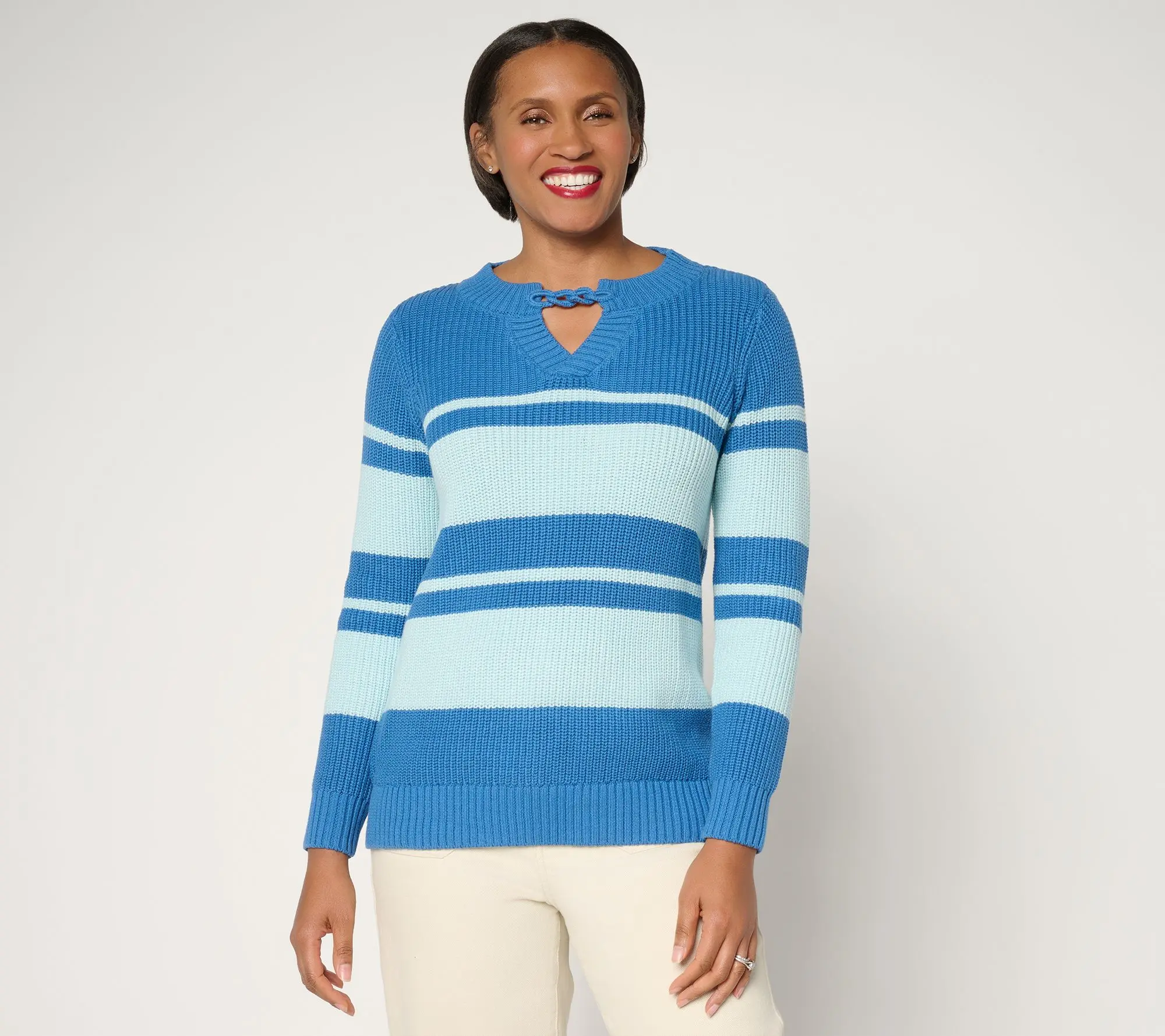 Joan Rivers Split-Neck with Cable Chain Striped Sweater Joan Rivers Split-Neck with Cable Chain Striped Sweater