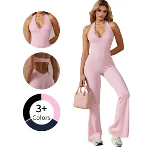 Womens Flare Jumpsuits One Piece Halter Neck Twist Back Sleeveless Butt Scrunch Workout Romper Yoga Bodycon Unitard Casual Sportswear