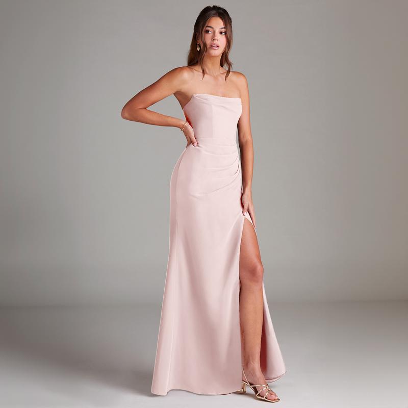 Azazie Leonis Strapless Cowl Pleated Slit Sheath Bridesmaid Wedding Ceremony Chiffon Dress