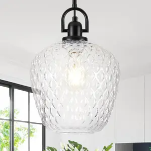 Large Glass Pendant Lights Kitchen Island, 10" 1-Light Black Fixtures with Hammered Glass Modern Hanging Light for Kitchen Island Dining Room Entryway Foyer