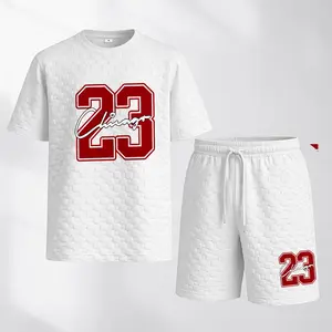 Men's Spring And Summer Chicago No.23 Print With Red And Black Line Checkered Fabric Drawstring Shorts Set, Casual Summer Outfit With Short-Sleeved Shirt And Shorts, Ideal For Everyday Wear And Sports Activities