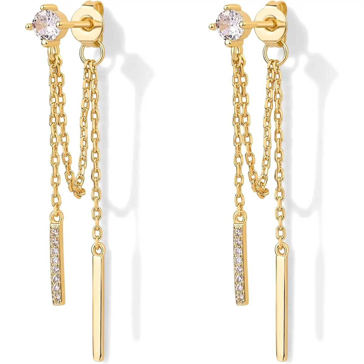 18K Gold Plated Posts Drop Dangle Chain Earrings for Women | Dangling Chain Studs | Cubic Zirconia Ball Threader Earscapes Earrings