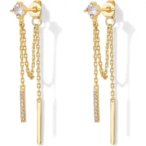 18K Gold Plated Posts Drop Dangle Chain Earrings for Women | Dangling Chain Studs | Cubic Zirconia Ball Threader Earscapes Earrings