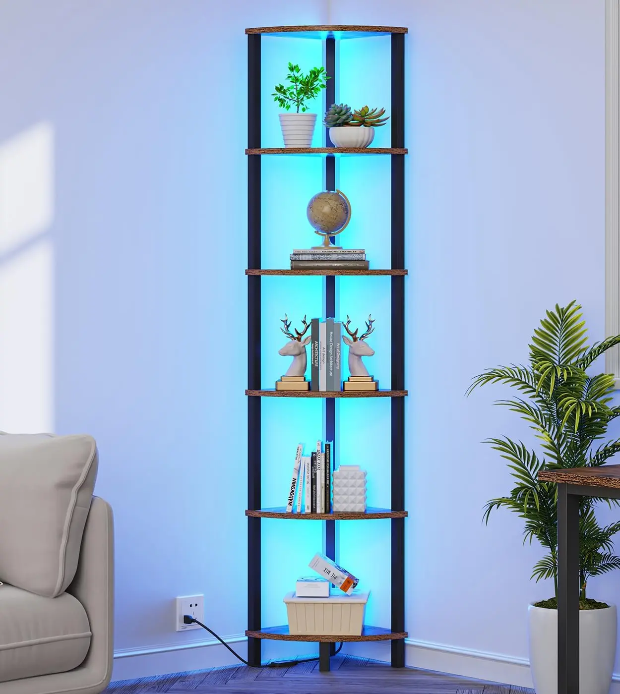 6-Tier Corner Shelf with LED Light, Industrial Corner Ladder Shelf, Rustic Display Shelf for Living Room, Bedroom, Kitchen,  Office, Sturdy Frame, Rustic Brown and Black UJSJ002F