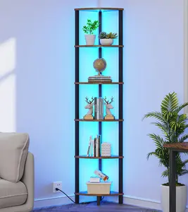 6-Tier Corner Shelf with LED Light, Industrial Corner Ladder Shelf, Rustic Display Shelf for Living Room, Bedroom, Kitchen,  Office, Sturdy Frame, Rustic Brown and Black UJSJ002F