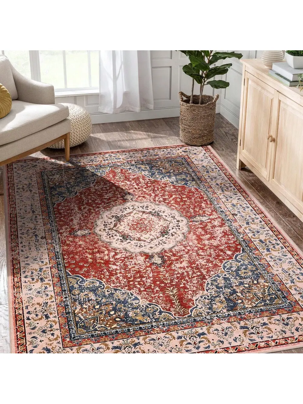 【Christmas Gift】Red-10ft*13ft Short Pile Area Rugs For Living Room Carpets Boho Washable Large Rugs For Bedroom Modern Vintage Classic Lounge Rug