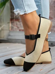 New Flyknit Mary Jane Flat Shoes, Square Toe, Colorblock Design, Adjustable Strap, Breathable Mesh Upper, Casual All-Season Dress Shoes