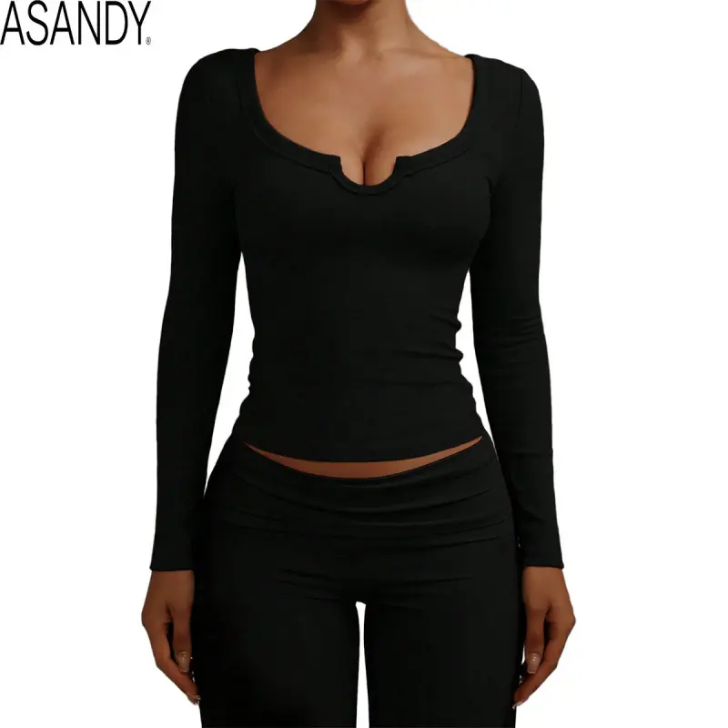 ASANDY Women Cotton Long Sleeve Tops Scoop Neck V Notch Y2K Low Cut Slim Fitted T Shirt Casual Yoga Workout Basic Clothes Fall 2026