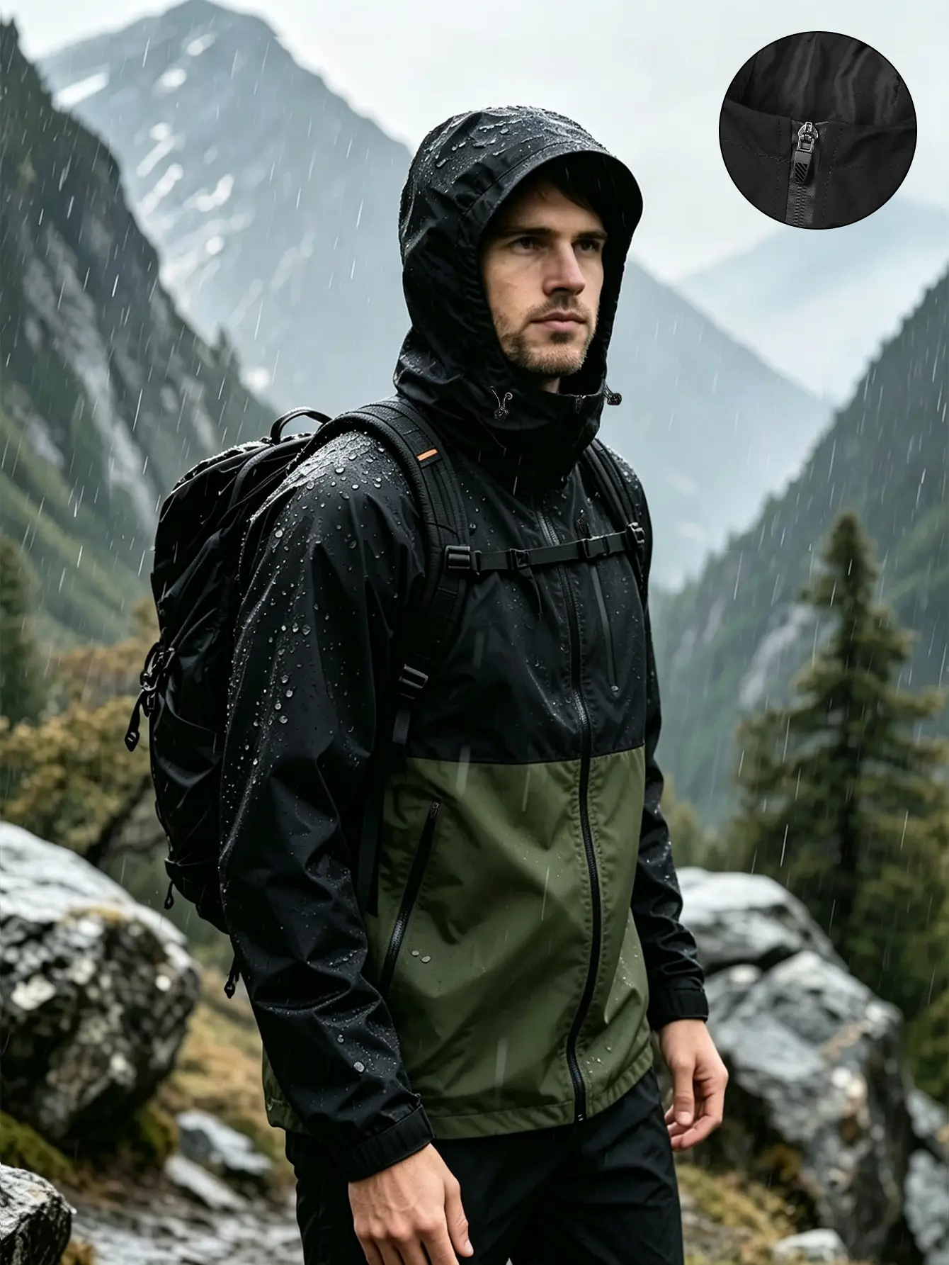 【Limited Time Discount】Men’s Regular Fit Colorblock Polyester Hardshell Rain Jacket - Outdoor Waterproof, Fully Sealed Heat-Welded Seams, Waterproof Zippered Side Pockets, Elastic Cuffs, Breathable, Versatile for Travel Commuting, Spring Top