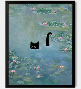 [SALE UP TO 50% - UNFRAMED] Hamduker Cat Wall Art Monet Prints Vintage Wall Art Funny Cat in Water Lilies Posters for Room Bedroom Living Room Bathroom Wall Decor Aesthetic - Complimentary Delivery