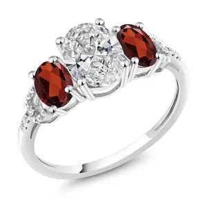 Gem Stone King 10K White Gold White IGI Certified Lab Grown Diamond and Red Garnet 3-Stone Engagement Ring For Women | 2.70 Cttw | Center 1.5 Ct Diamond | D-E Color | VS1-VS2 Clarity
