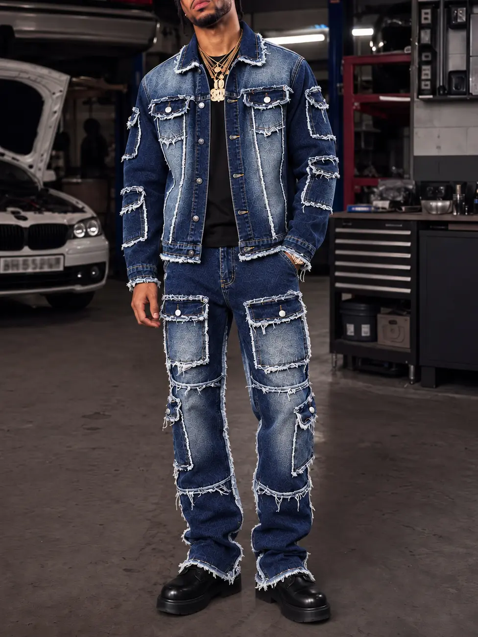 Trendy American Street Style Set, Men's Vintage Distressed Frayed Denim Jacket & Cargo Jeans 2 Piece Outfit, Washed Patchwork Y2K Streetwear, Hip Hop Urban Fashion, Multi Pocket Straight Leg Pants