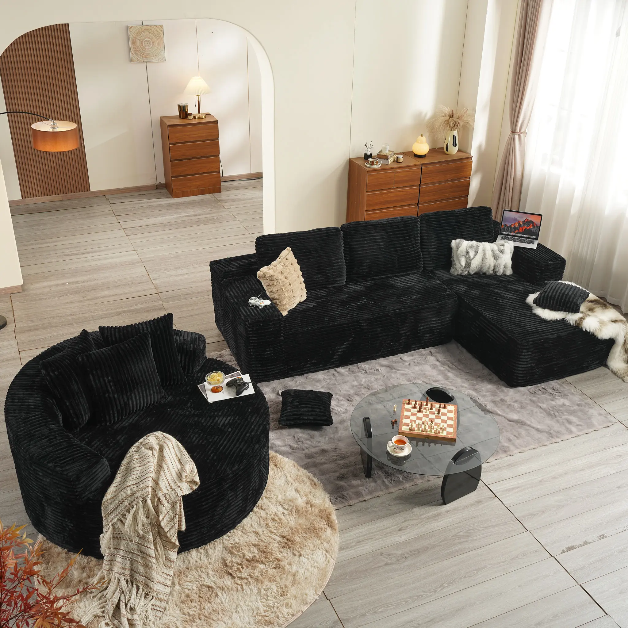 Black Plush Corduroy Right Chaise with Round Couch